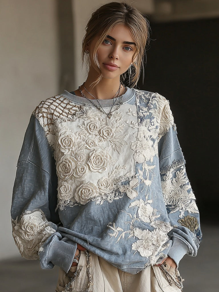 Women's Retro Rose Stitching Casual Crew Neck Sweatshirt elevenforest
