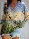 Women's Dandelion Art Print V-Neck Long Sleeve Top