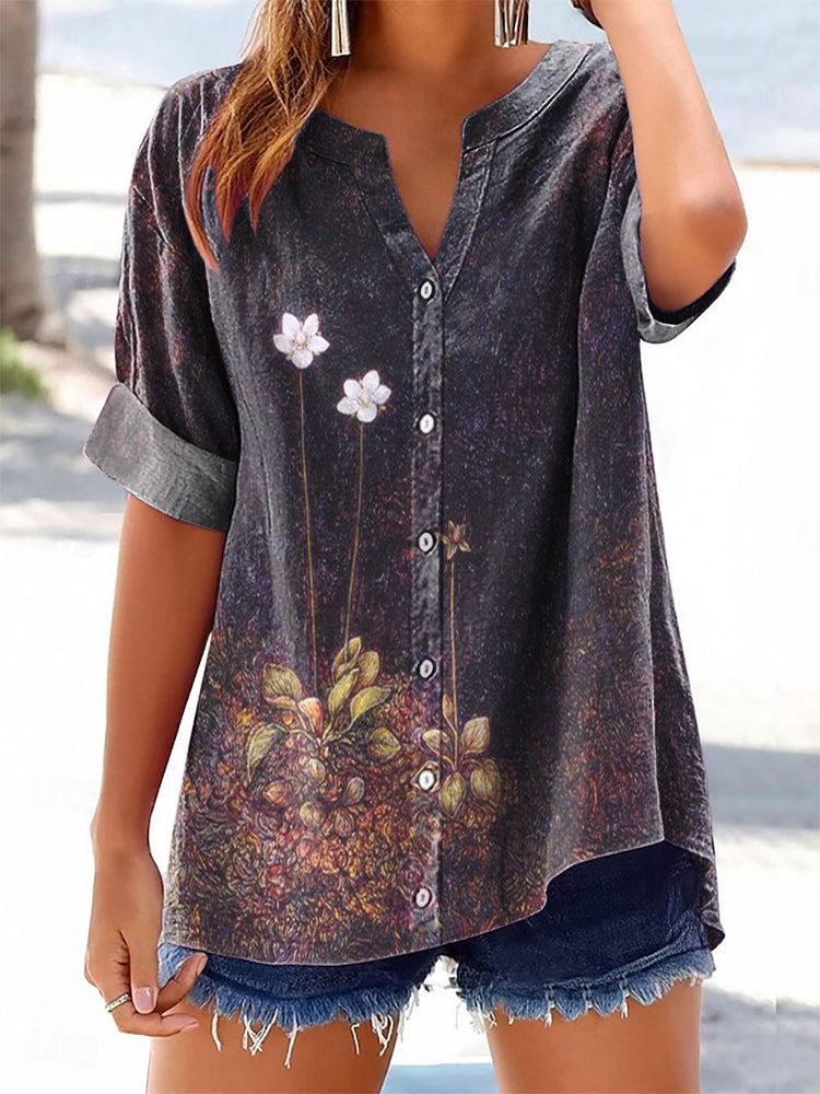 Women's Vintage Floral Art Pattern Print Casual Cotton And Linen Shirt