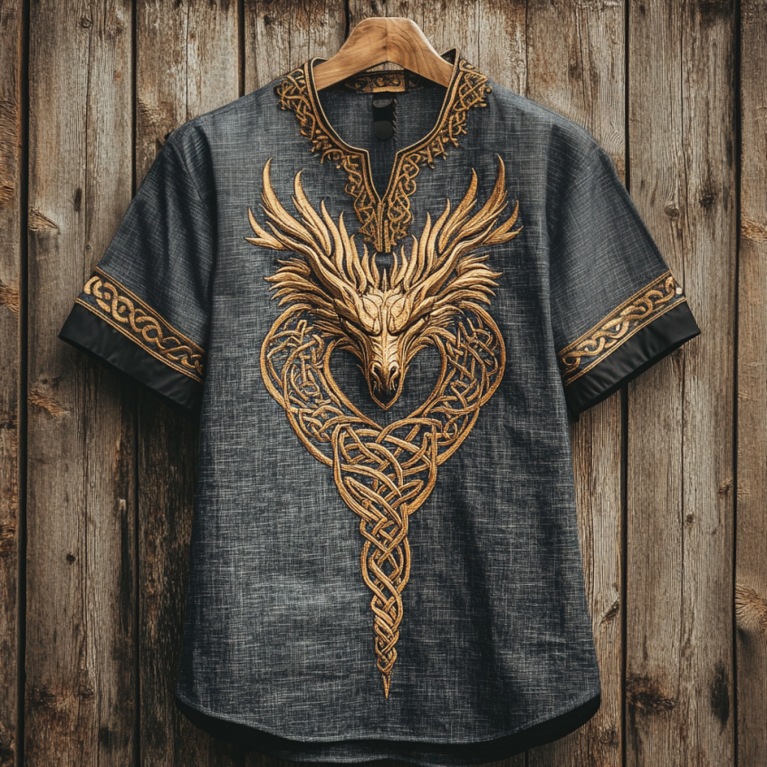 Men's  Viking Tribal Dragon With Celtic Knotwork Embroidery Art  Linen Round Neck T-shirt elevenforest
