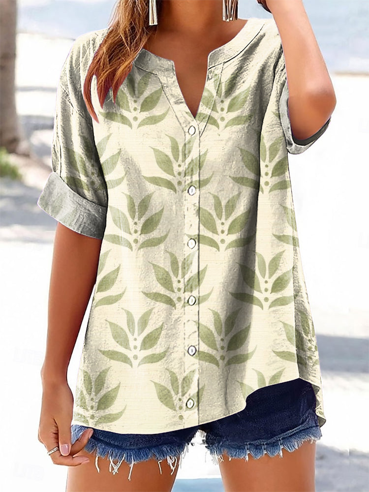 Women's Floral Pattern Art Print Cotton Linen Casual Shirt