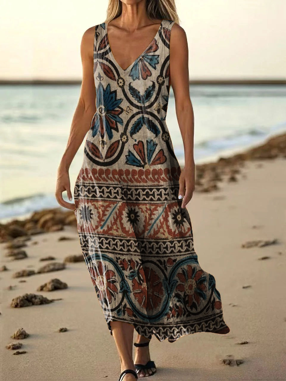 Women's Vintage Ethnic Collage Floral Art Print V Neck Sleeveless Pock