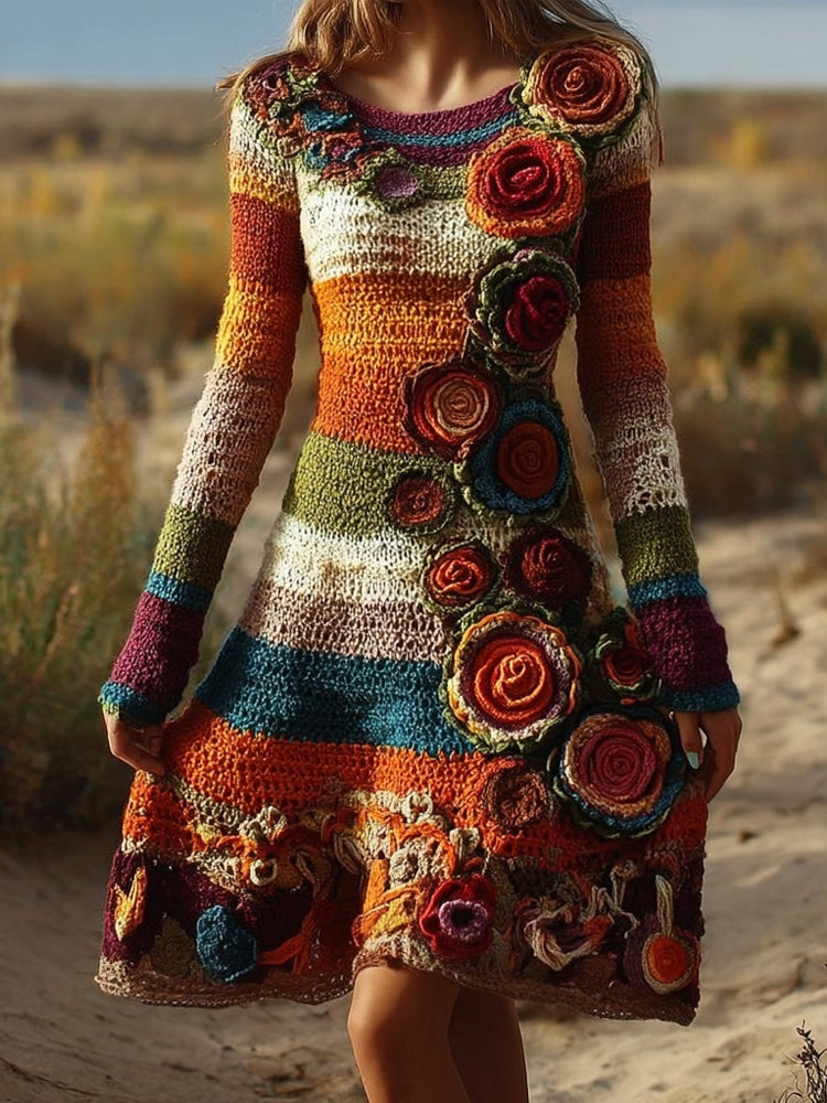 Vintage Bohemia Flower Crochet Striped Midi Sweater Dress elevenforest