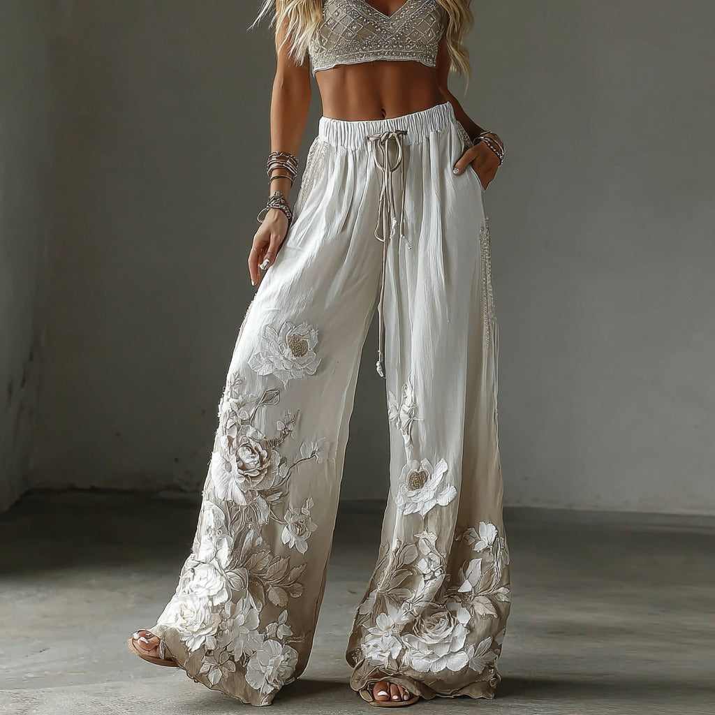 Women's Retro Floral Embroidery Art Gradient Casual Linen Pants elevenforest