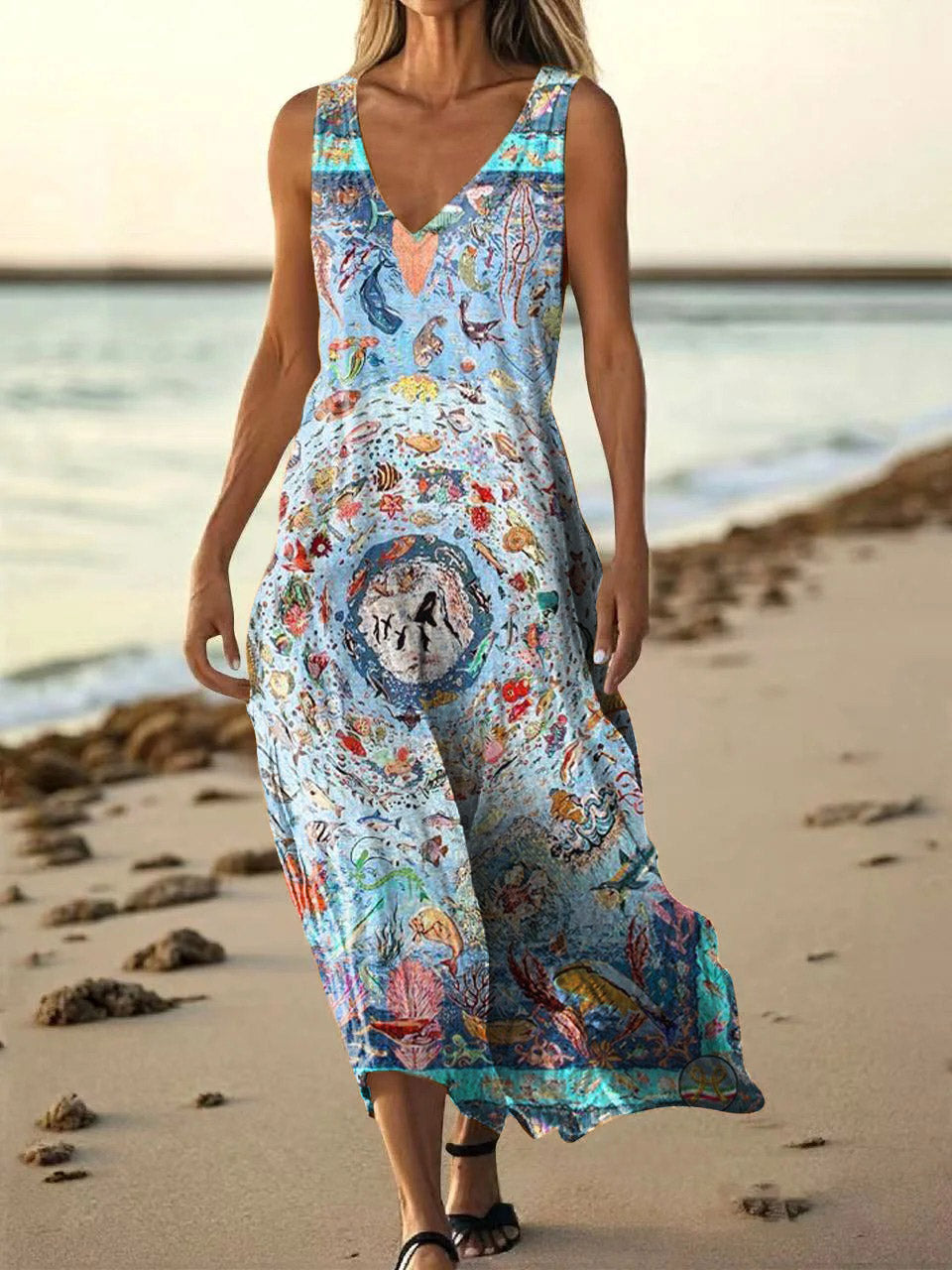 Women's Marine Animal Embellished Pattern Art Print Pocket Cotton Dres