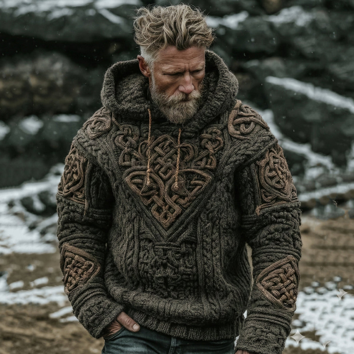Men's Viking Tribal Celtic Knot Jacquard Knitted Hooded Sweater elevenforest