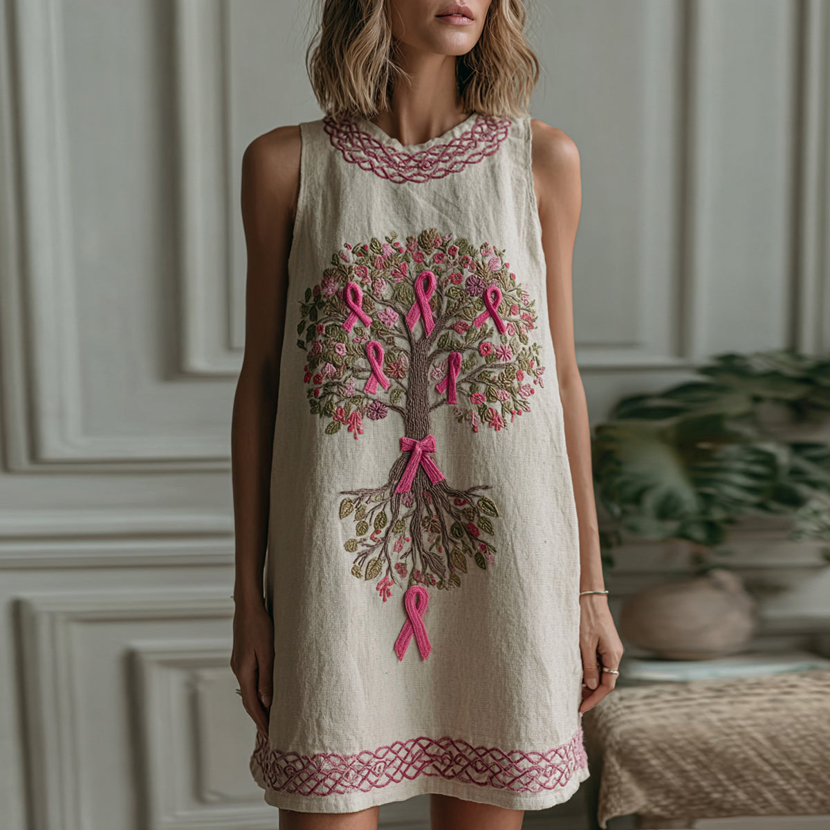 Women's Tree Of Life Pink Ribbon Embroidery Round Neck Vest Mini Dress