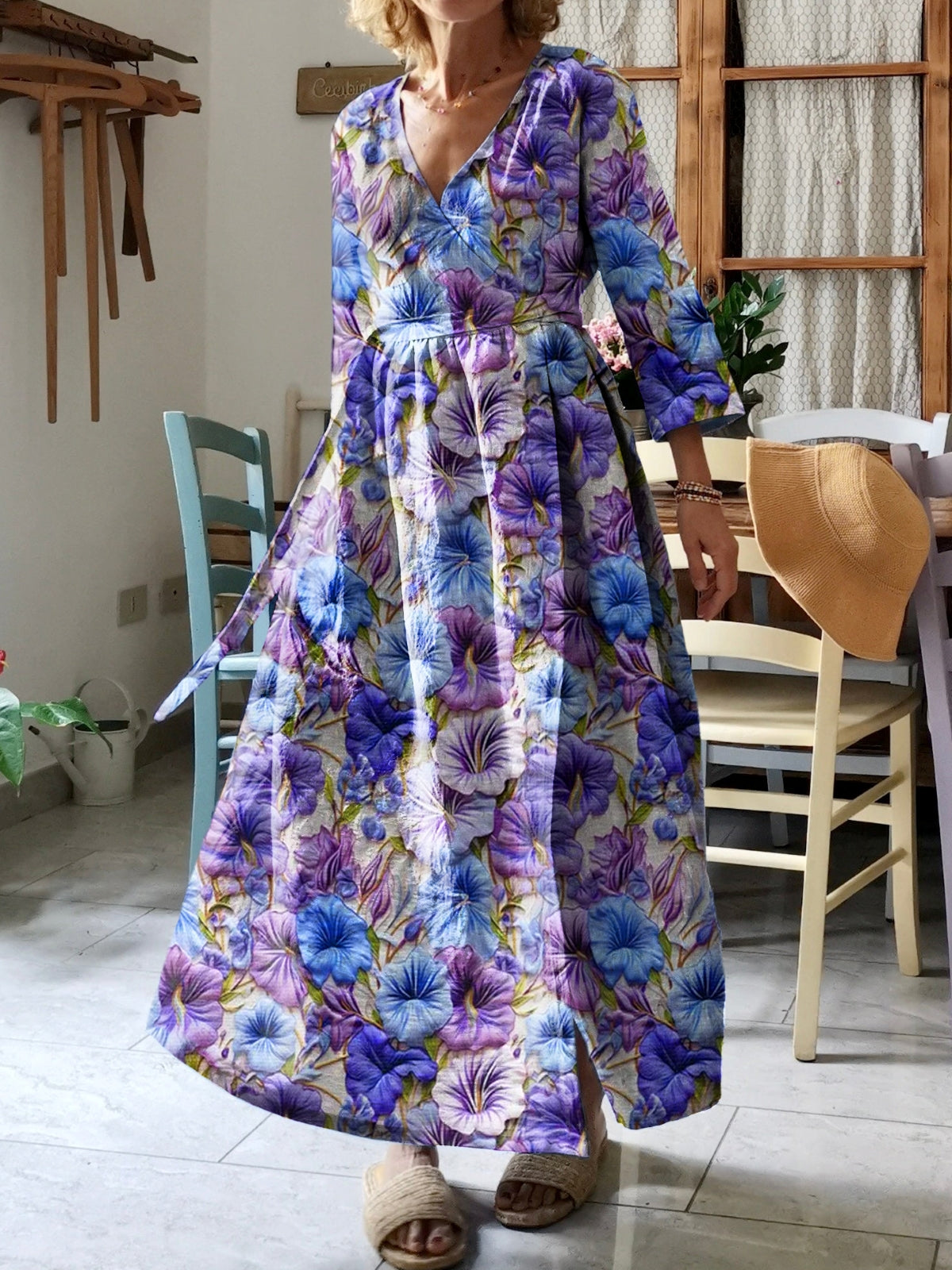 Women's Flower Art Print V-Neck Cotton Pocket Wrap Dress