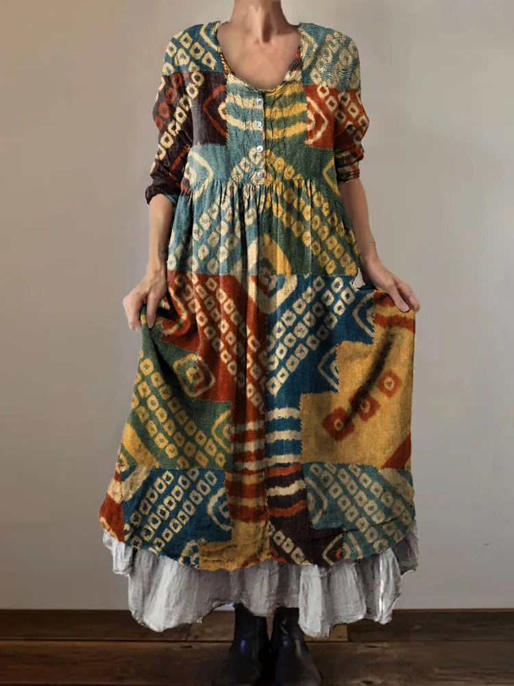 Women's Vintage Ethnic Collage Art Print V-Neck Button Pocket Cotton D