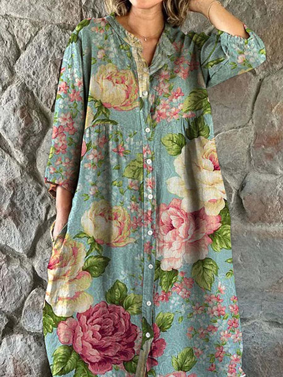 Women's Elegant Vintage Rose Floral Shirt Style Cotton and Linen Dress