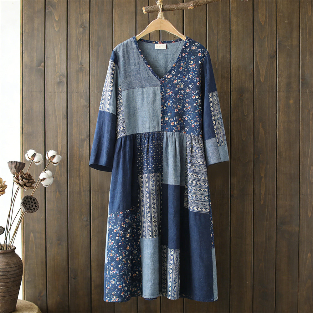 Comstylish Japanese Vintage Geometric Floral Patchwork Women's Linen Maxi Dress
