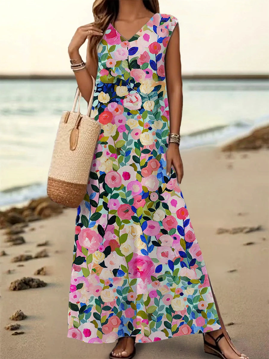 Women's Floral Art Print V-Neck Sleeveless Cotton Pocket Dress