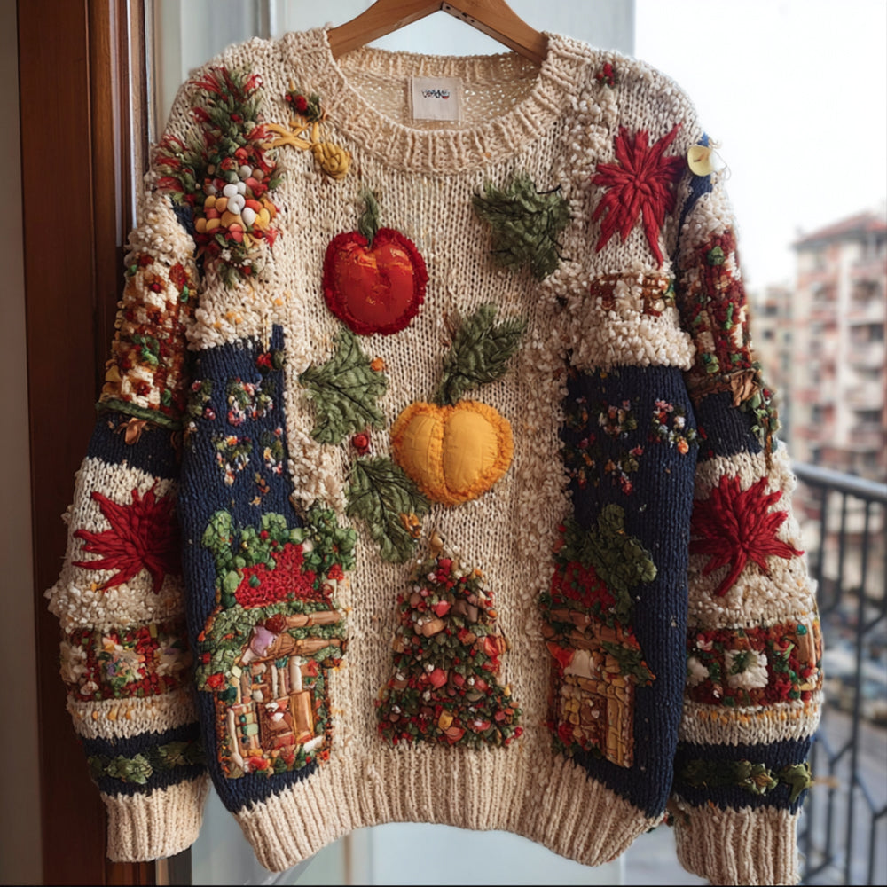 Thanksgiving Plant Flower Splicing Atmosphere Round Neck Sweater artswardrobe