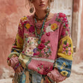 Women's Vintage Floral Embroidery Patchwork Art Pullover Cozy Knit Sweater elevenforest