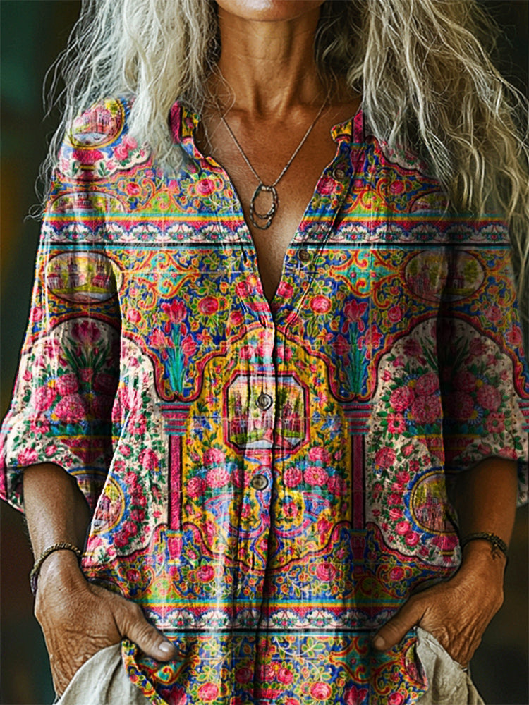 Women's Vintage Ethnic Floral Art Print Casual Cotton Linen Shirt