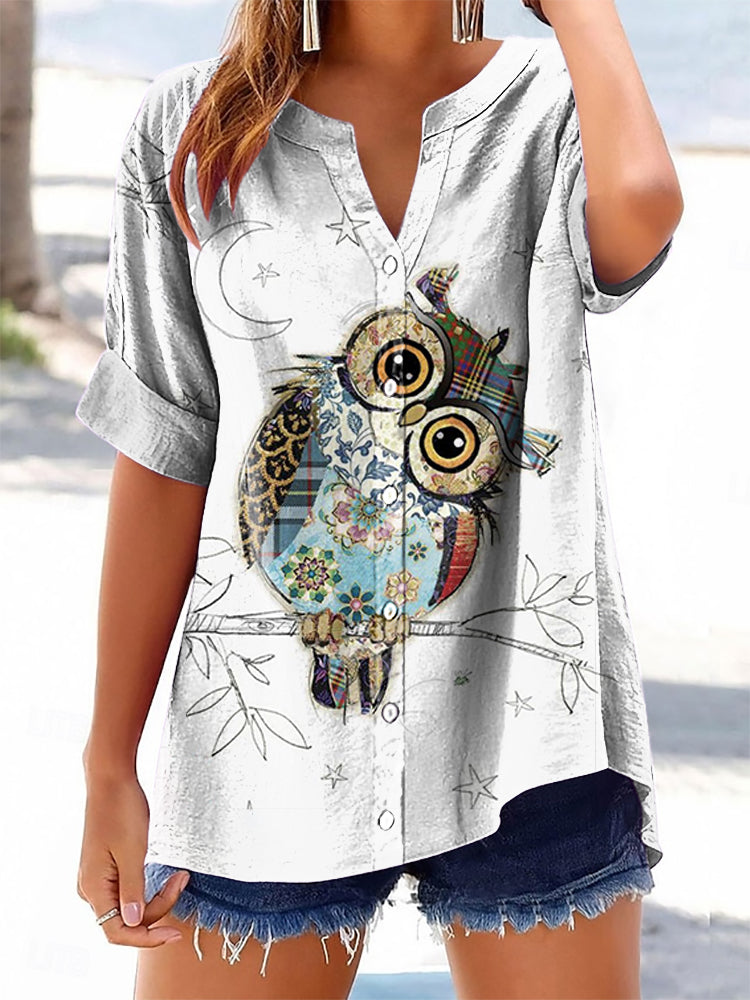 Women's Owl Pattern Art Print Cotton Linen Short Sleeve Shirt