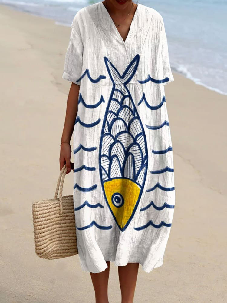 Women's Vintage Fish Art Print Flowy Casual Midi Dress