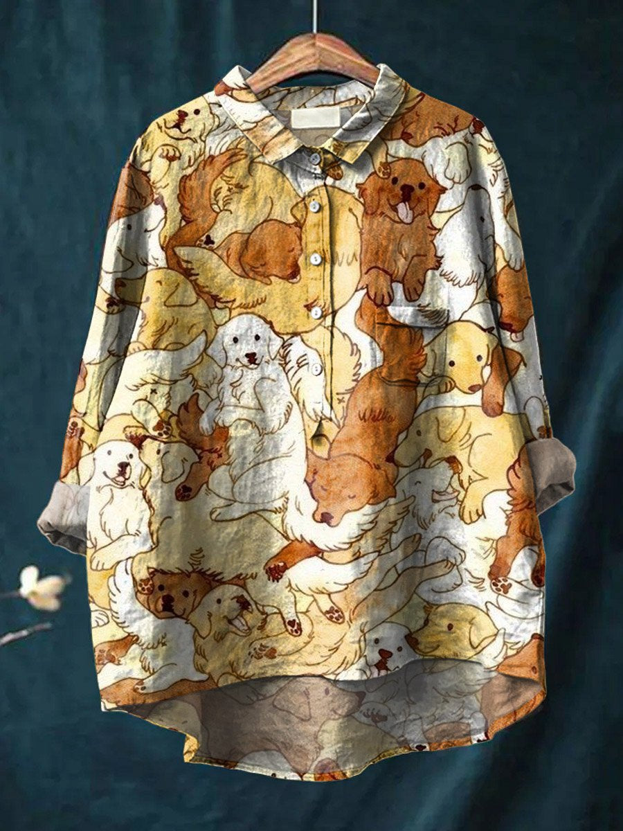 Vintage Lovely Dogs Art Print Casual Cotton And Linen Shirt