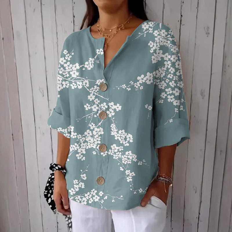 Comstylish Women's Vintage Floral Art Linen Blend Casual Shirt
