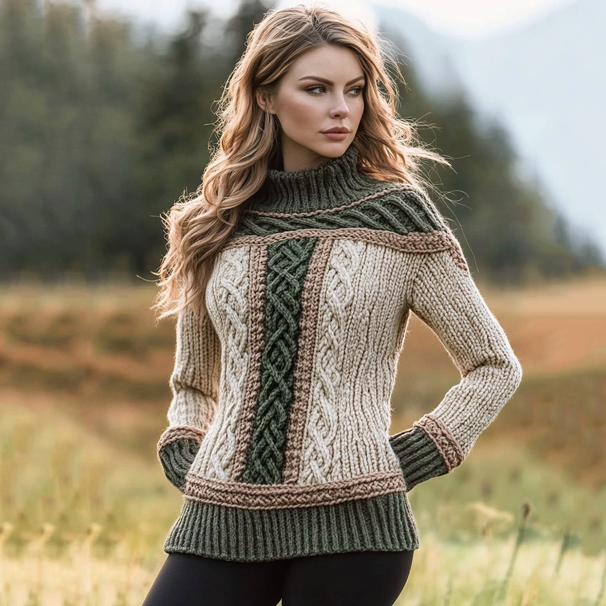Women's Jacquard Contrast Turtleneck Cozy Aran Sweater artswardrobe