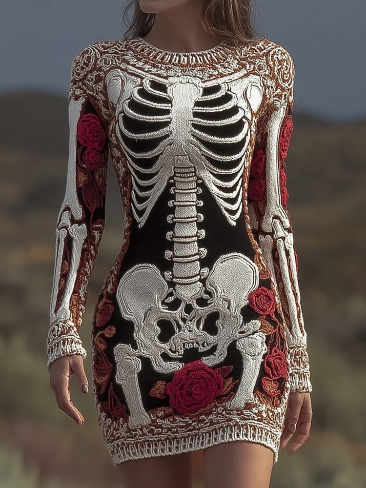 Vintage Skeleton Roses Art Slim Fit Cozy Sweater Dress artswardrobe
