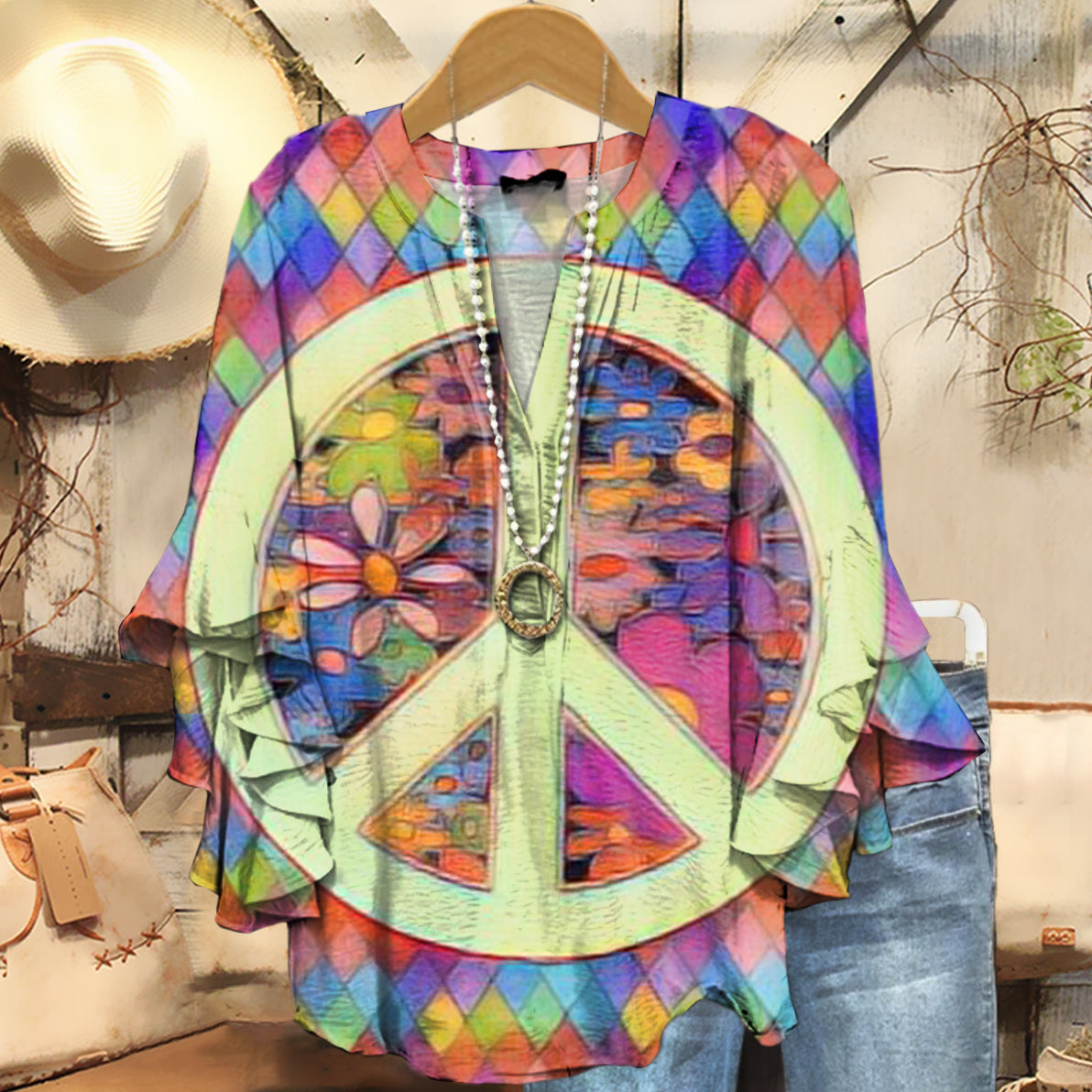 Women's Hippie Art Print Casual Cotton And Linen Shirt