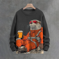 Men's Intrepid Otter Explorer Drinks Coffee In Outer Space Print Knit Crew Neck Sweater elevenforest