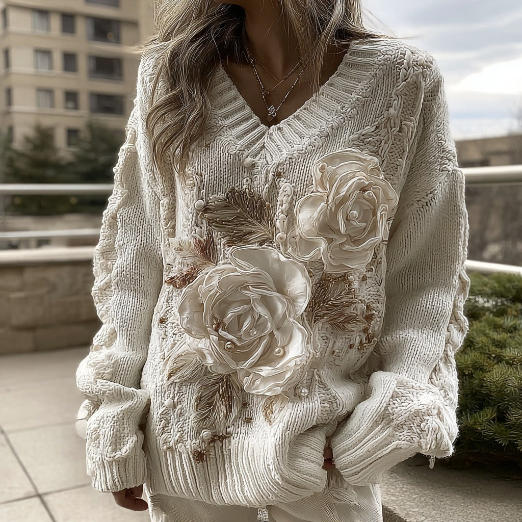 Women's White Rose Knitted Warm V-neck Sweater elevenforest