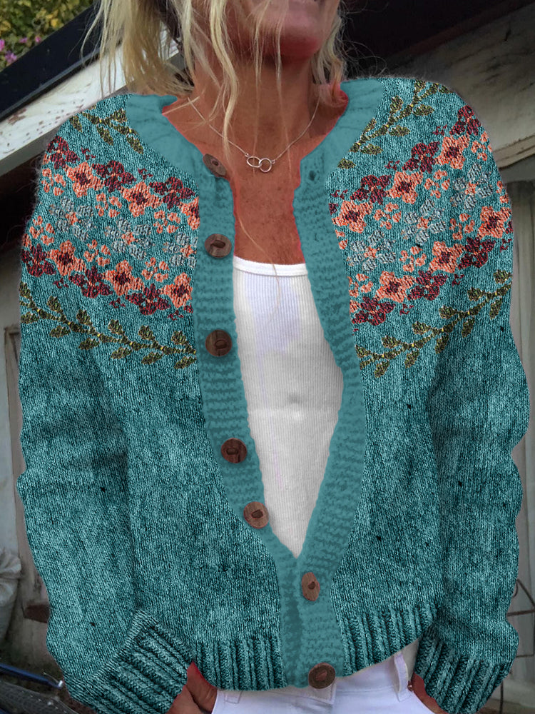 Vintage Icelandic Floral Art Print Cozy Button Sweater elevenforest