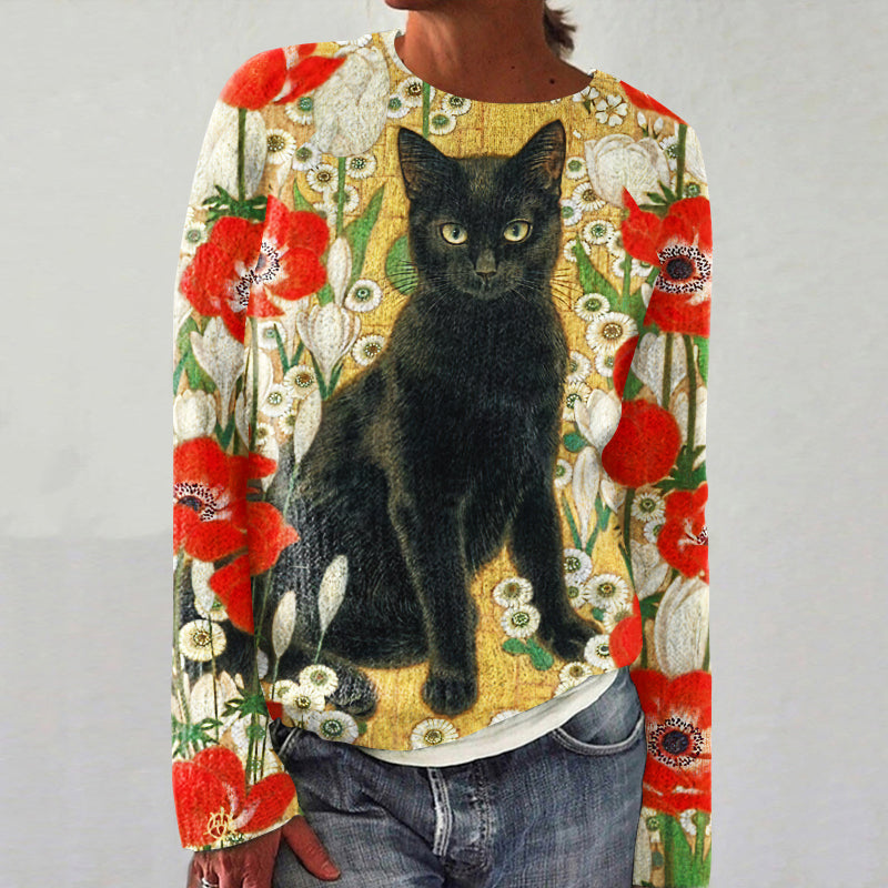 Vintage Floral Cat Pattern Women's Sweater elevenforest