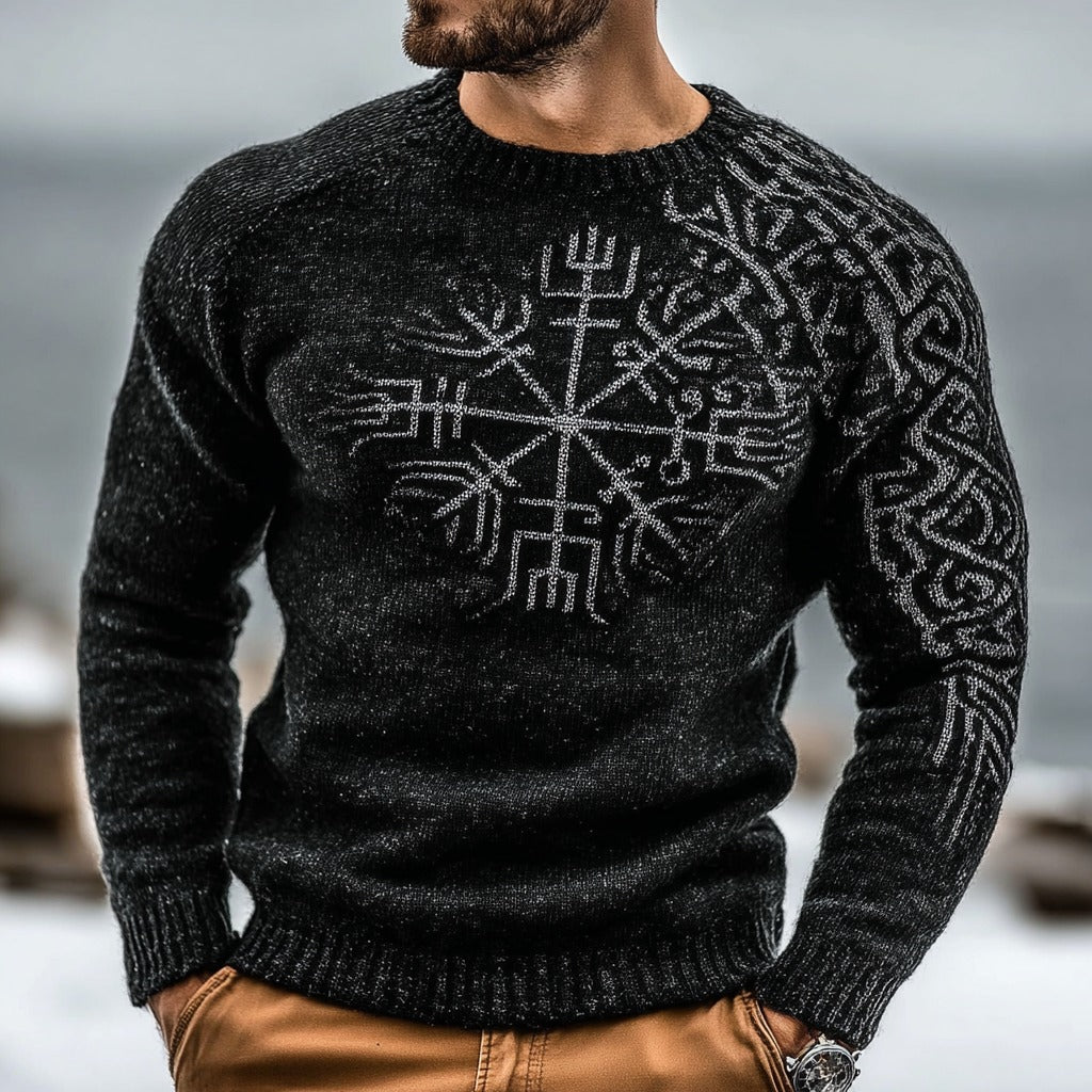 Men's Vintage Viking Vegvisir Pattern Knit Crew Neck Sweater artswardrobe