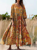 Women's Ethnic Tattoo Art Print Flowing V-Neck Cotton Dress
