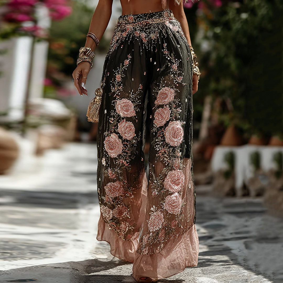 Women's Vintage Romantic Pink Rose Embroidery Art Comfy Linen Pants elevenforest