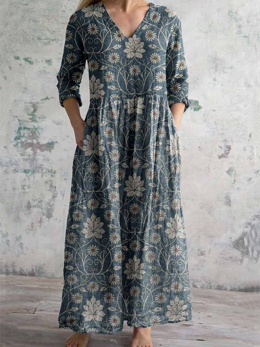 Women's Elegant Vintage Floral Pattern Cotton and Linen Dress with Poc