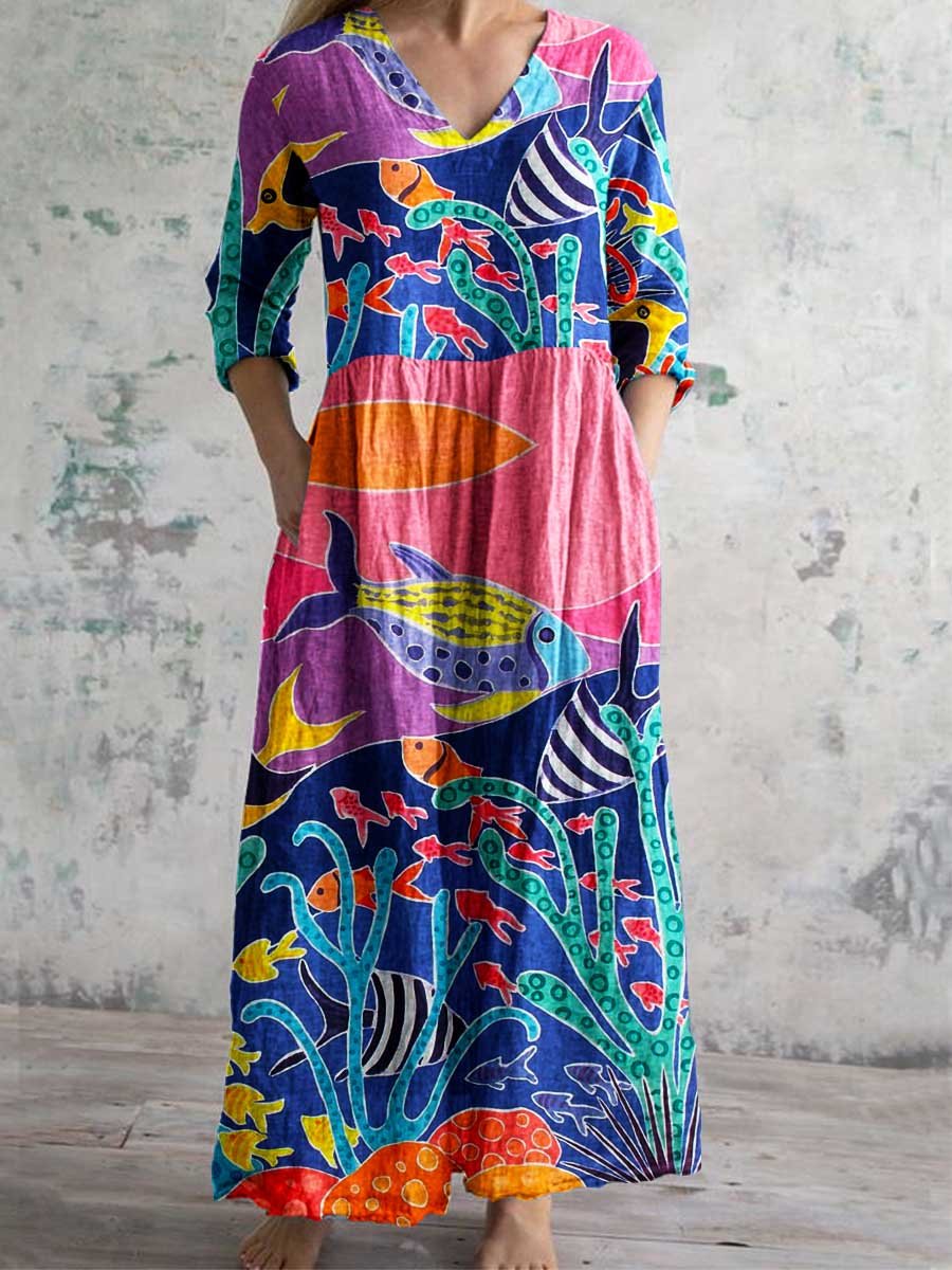 Women's V-neck Underwater World Pattern Cotton and Linen Dress With Po