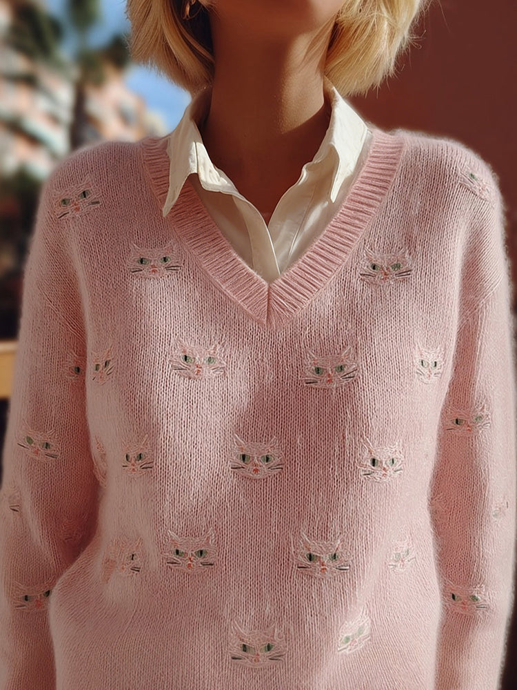 Cute Cat Face Pattern V Neck Cozy Knit Sweater elevenforest