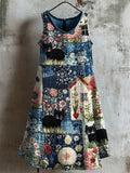 Black Cats Embroidered Cottage Floral Textile Linen Tank Dress elevenforest