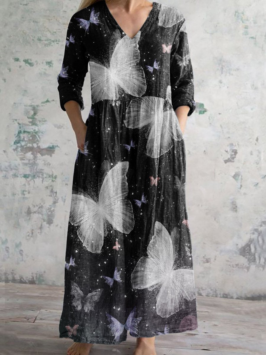 Women's Vintage Butterfly Print Casual Cotton Dress