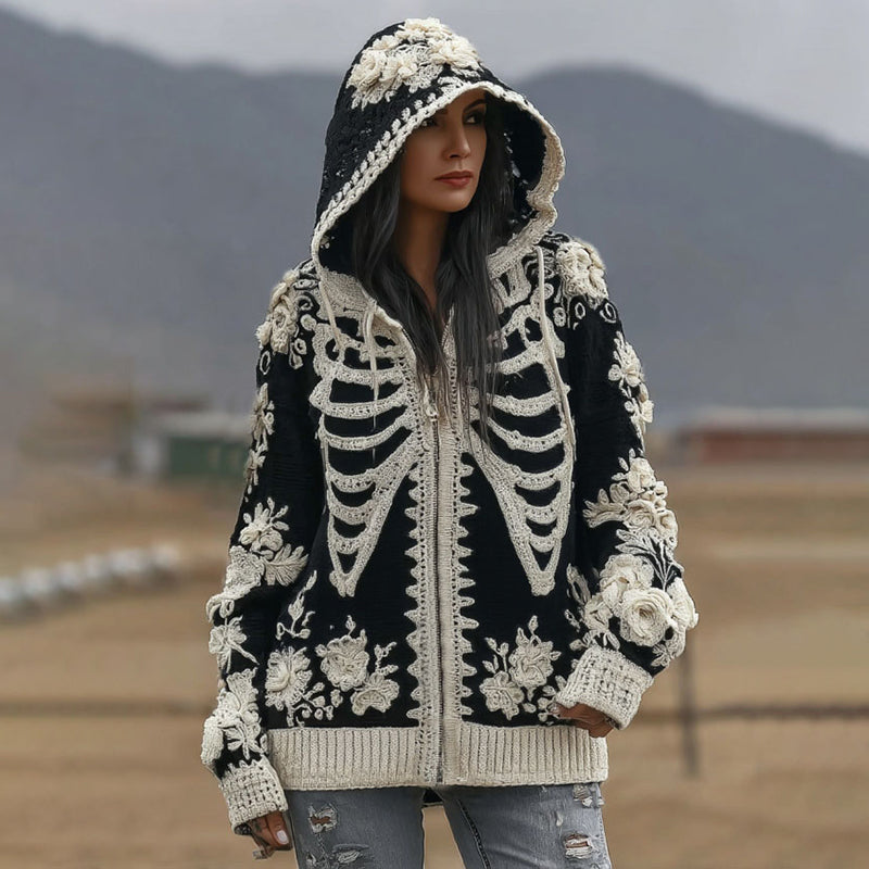 Women's Vintage Skeleton Lace Embroidery Art Zipper Knit Hooded Sweater artswardrobe