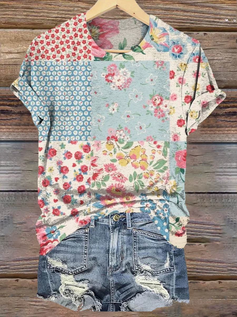 Vintage Floral Patchwork Art Print Casaul Short Sleeve T-shirt