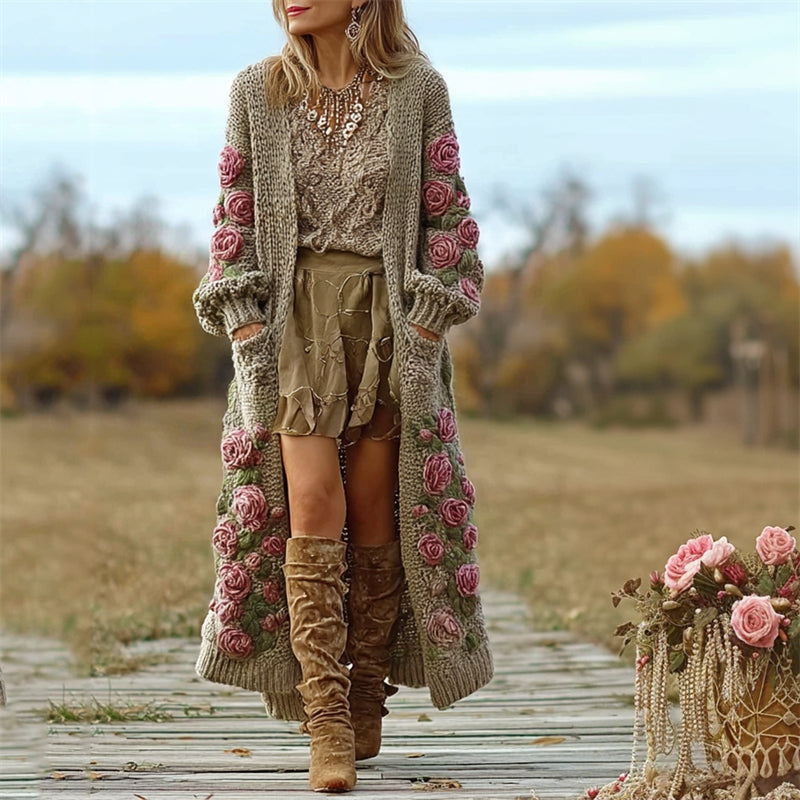 Vintage Pink Roses Crochet Chunky Cozy Long Cardigan elevenforest