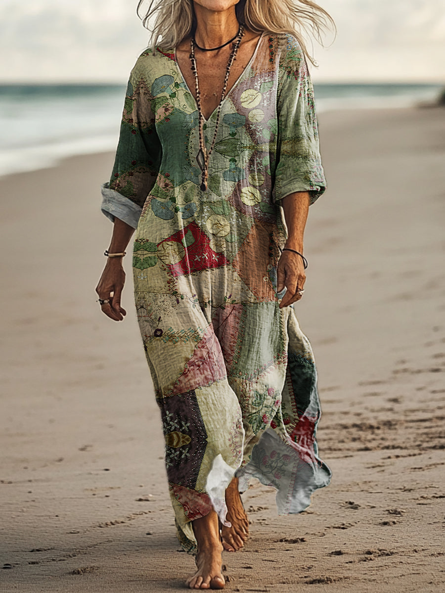 Women's Vintage Patchwork Art Print Pocket Cotton Dress