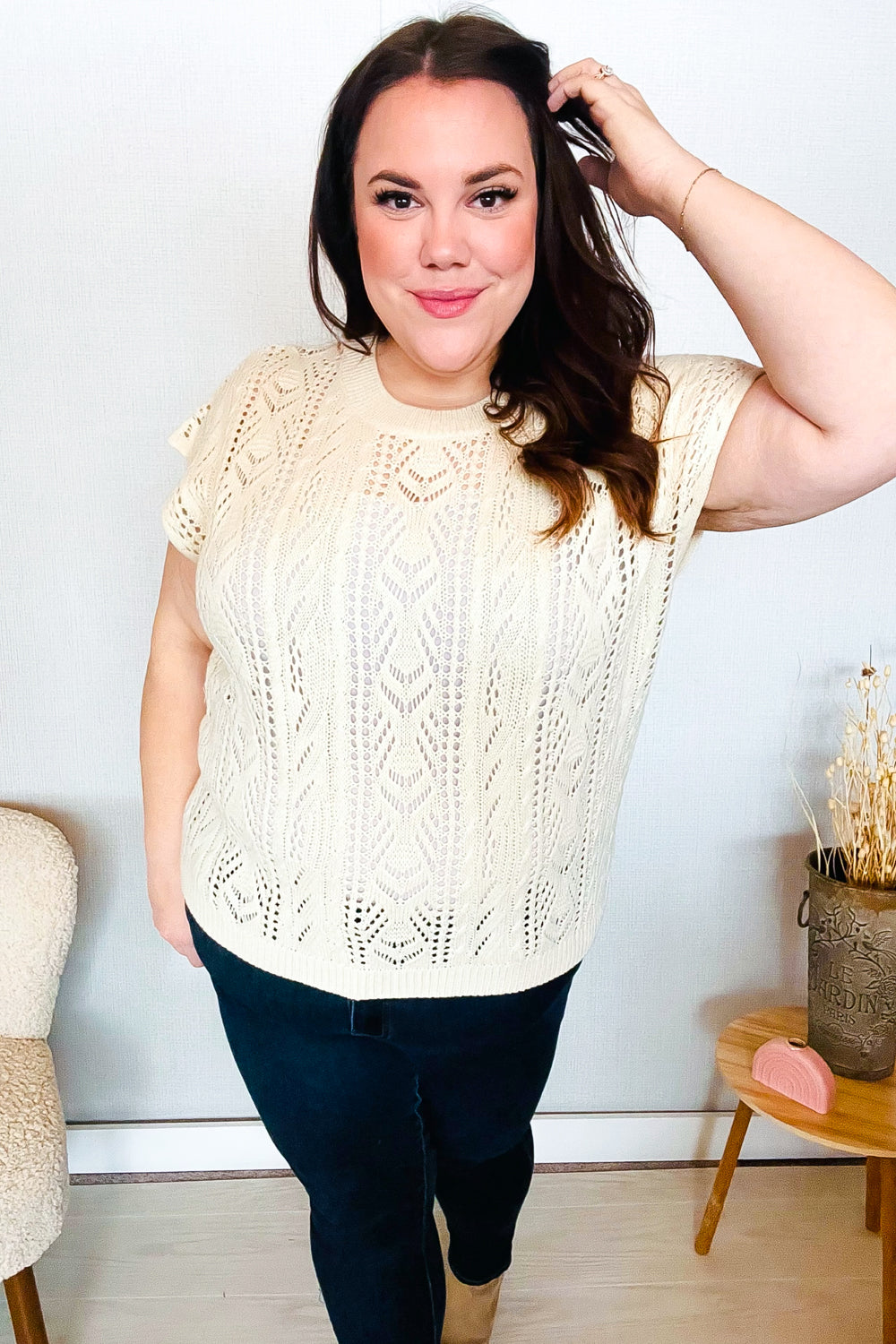 Abigail® | The perfect beige short sleeve crochet sweater top from Find