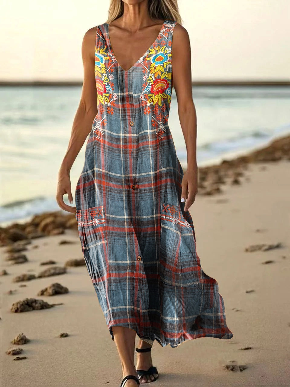 Women's Floral Vintage Plaid Art Print Pocket Cotton Dresses