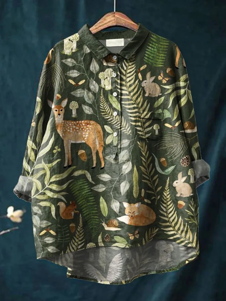 Women's Vintage Lovely Squirrel Floral Art Print Casual Cotton And Linen Shirt