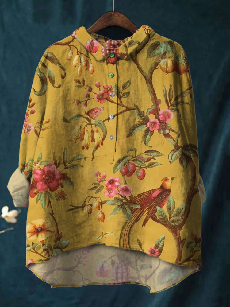 Women's Peach Blossom Bird Print Cotton And Linen Shirt