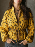 Retro V-neck yellow floral print fitted jacket