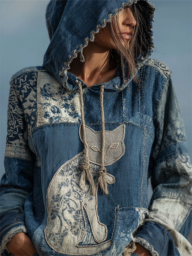 Vintage Cat Floral Denim Fiber Art Patchwork Hoodie elevenforest