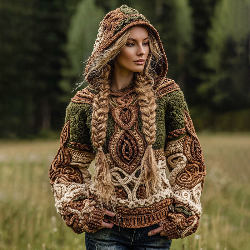 Women's Vintage Celtic Knot Jacquard Knit Hooded Sweater