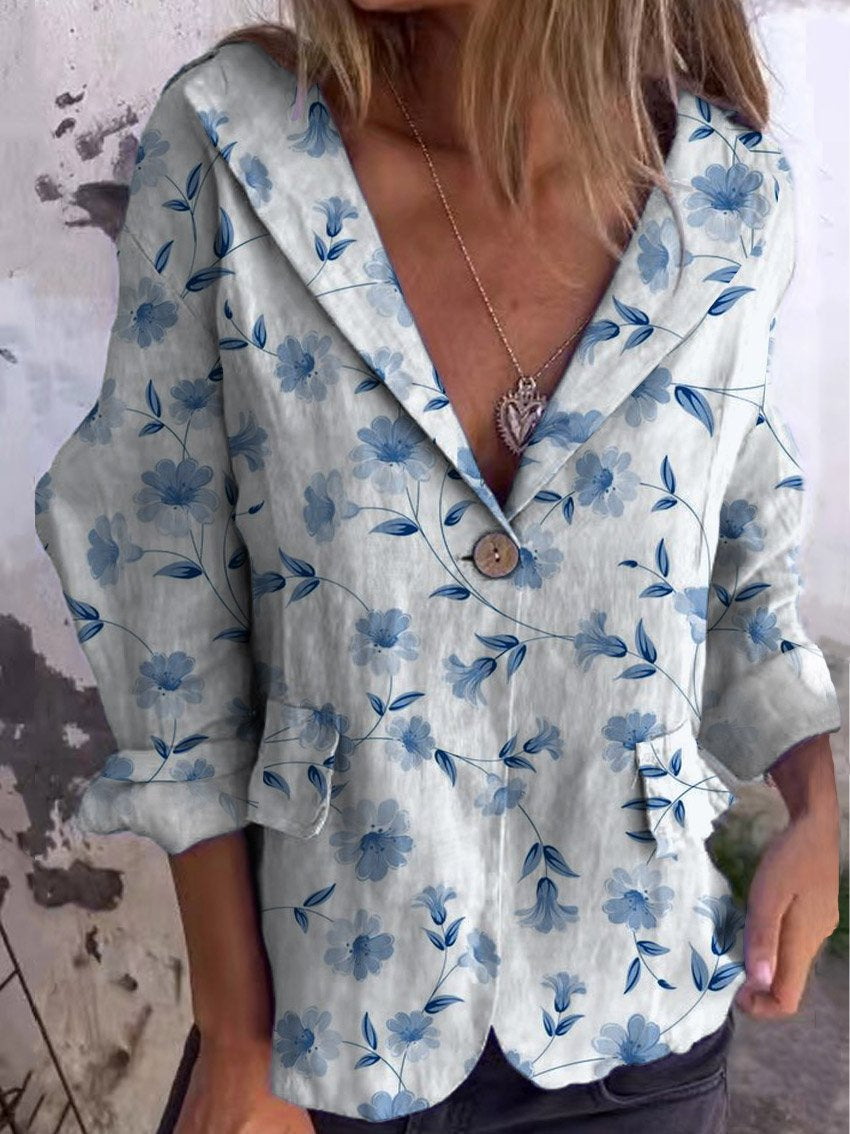 Women's Vintage Floral Art Print Casual Linen And Cotton Pocket Coat